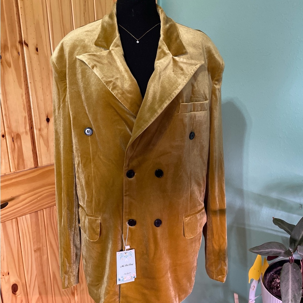 Men's Double-Breasted Velvet Jacket - Mustard